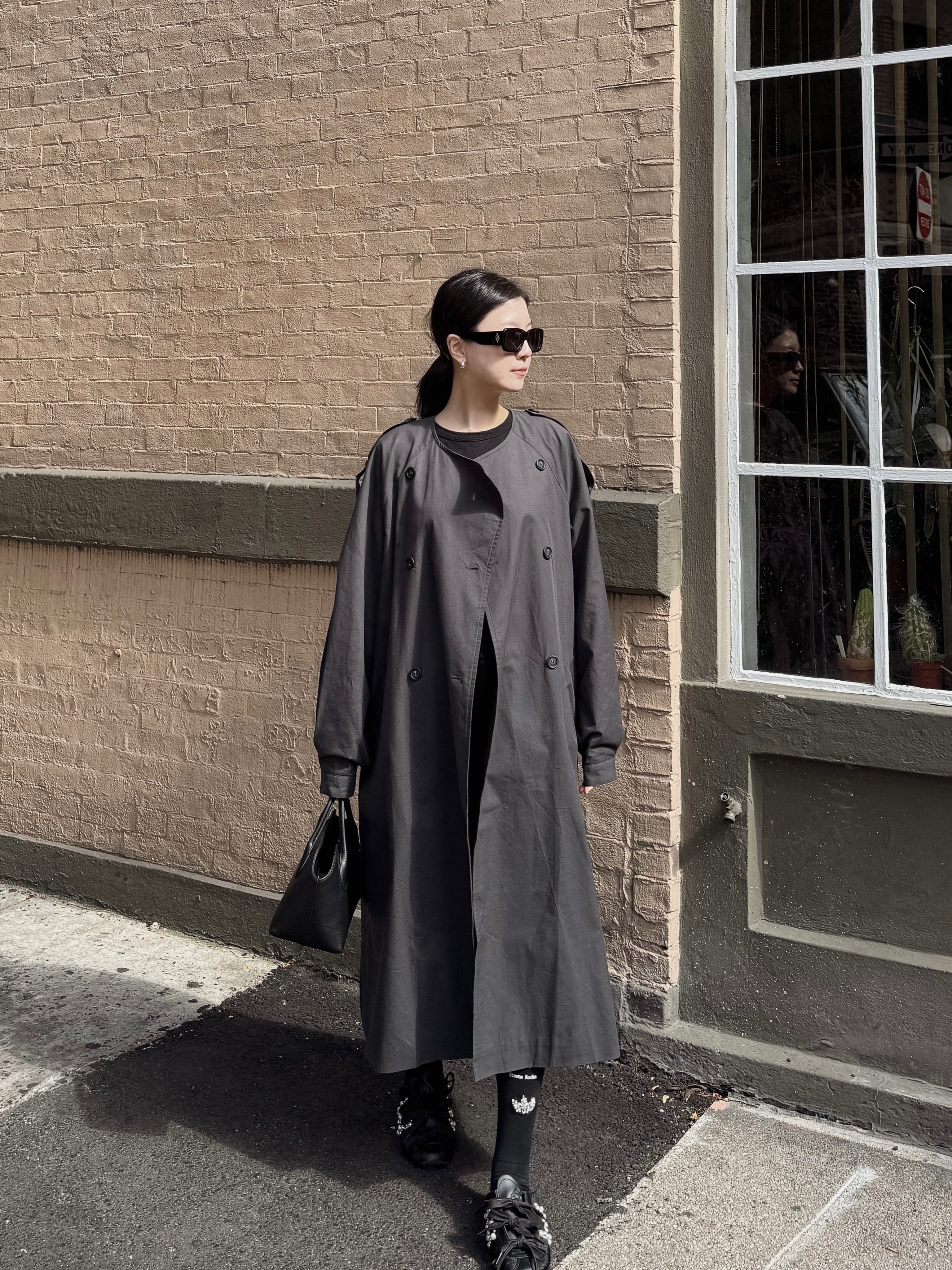 Balloon Sleeve Collarless Trench Coat - Charcoal – Cocoonery