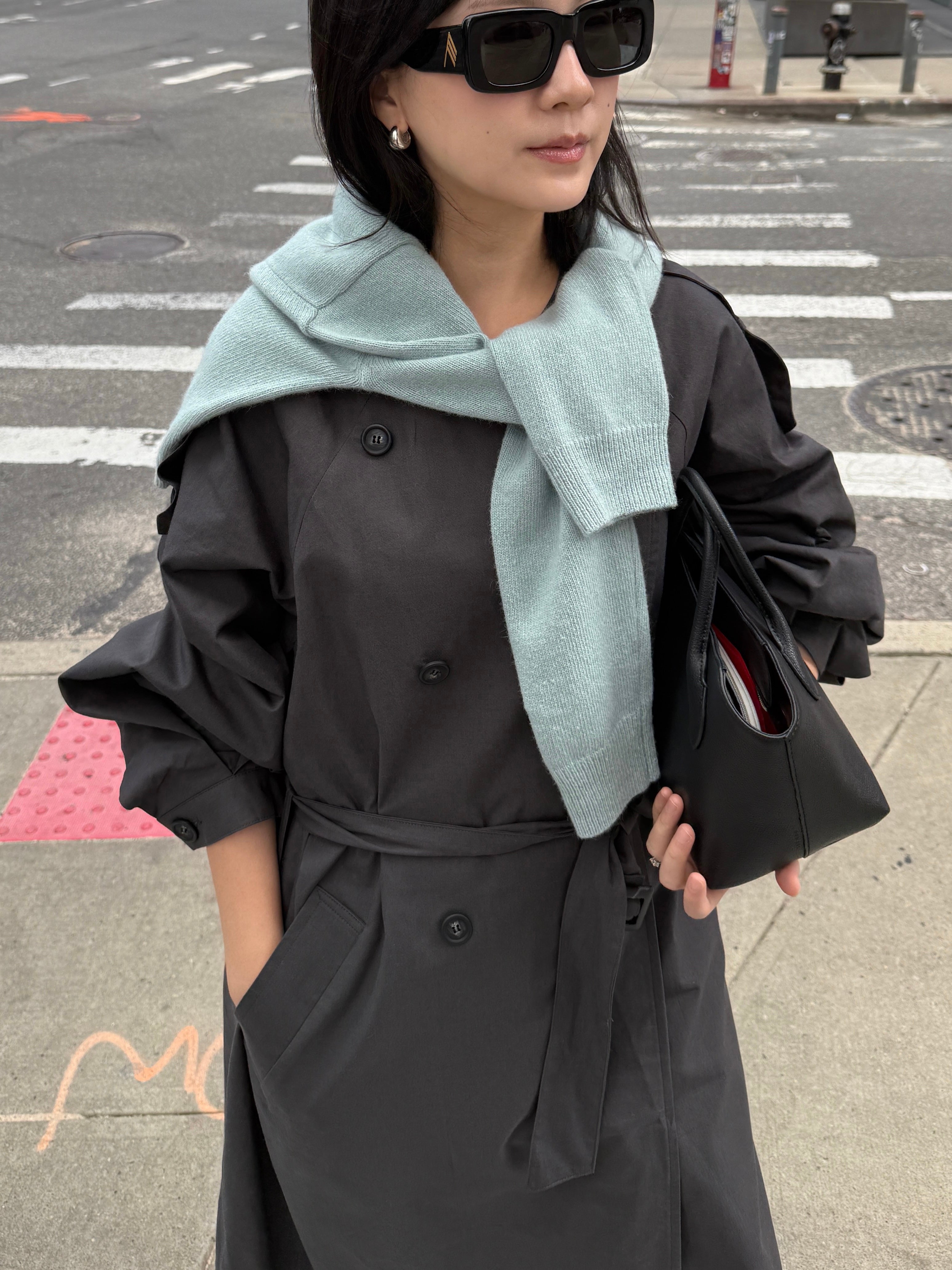 Balloon Sleeve Collarless Trench Coat - Charcoal – Cocoonery